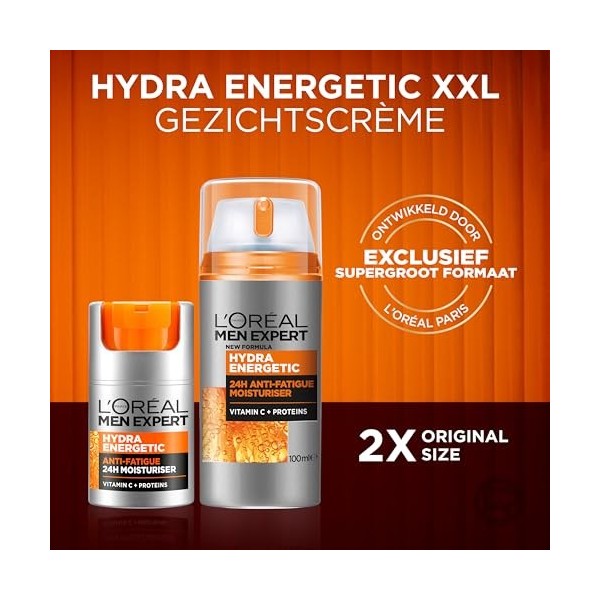 LOréal Men Expert - Soin Hydratant Anti-Fatigue 24H XXL pour Homme - Hydrate & Illumine - Concentré en Vitamine C Pure 10% -