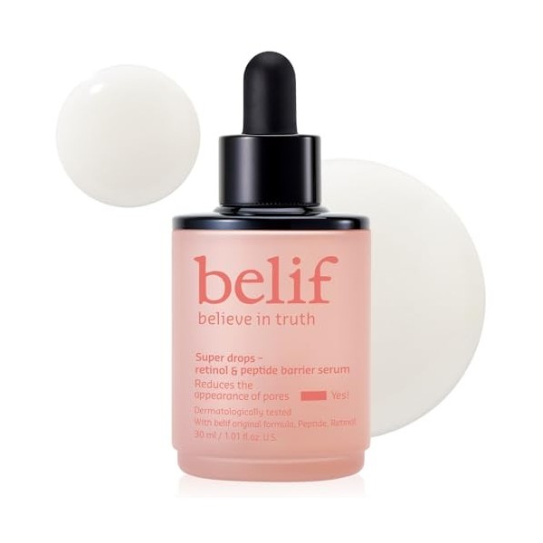 belif Super drops-Sérum barrière au rétinol et aux peptides | Sérum anti-âge raffermissant pour lélasticité de la peau, rédu