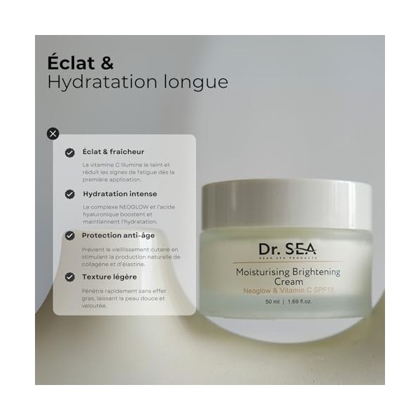 DR. SEA - Crème Hydratante Éclat à la Vitamine C & NEOGLOW - Peaux Sèches & Fatiguées - Hydratation Intense, Anti-Âge & Unifi