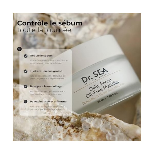 DR. SEA - Crème Visage Matifiante Sans Huile aux Minéraux de la Mer Morte et Algue Dunaliella - Anti-Brillance & Réducteur de