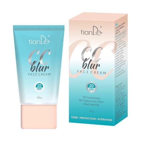 TianDe CC Blur Crème visage SPF 20, effet estompant, niacinamide, 5 céramides, acide hyaluronique 8D, 50 g