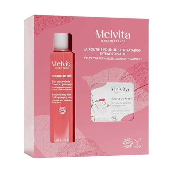 Melvita - Coffret Source de Roses - Eau Extraordinaire et Crème Visage - Hydratation Efficace, Peaux Déshydratées et Sensible