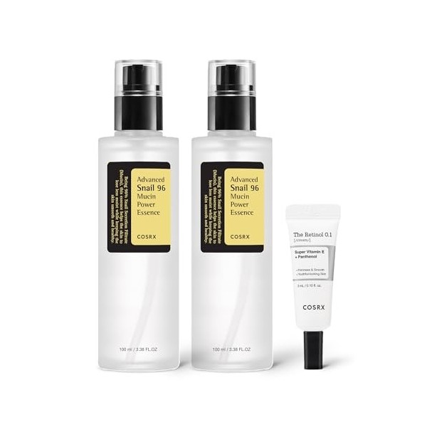COSRX Snail 96% Mucin Power Essence 2ea & Retinol 0,1% Cream Mini Échantillon 1ea, Kit de démarrage pour la peau en verre, Ex