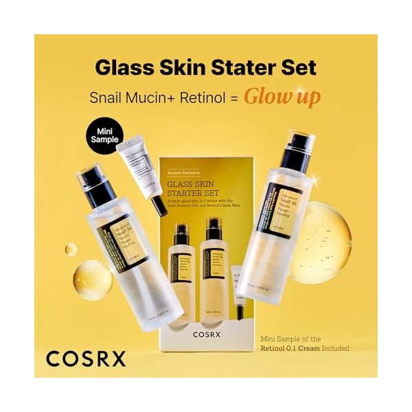 COSRX Snail 96% Mucin Power Essence 2ea & Retinol 0,1% Cream Mini Échantillon 1ea, Kit de démarrage pour la peau en verre, Ex