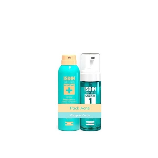 ISDIN Acniben Pack Nettoyant Visage Matifiant 400 ml + Spray Anti-Boutons Corporel 150 ml | Recommandé pour les Peaux à T