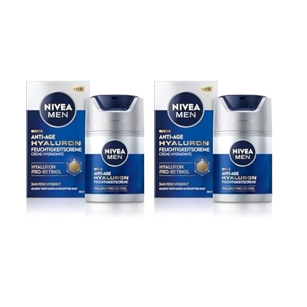 NIVEA MEN Crème hydratante anti-âge à lacide hyaluronique, au pro-rétinol et SPF 15 - Crème pour le visage hydratante pendan ...
