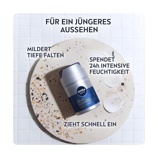 NIVEA MEN Crème hydratante anti-âge à lacide hyaluronique, au pro-rétinol et SPF 15 - Crème pour le visage hydratante pendan ...