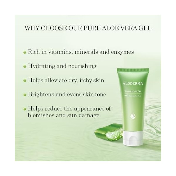 Aloderma Gel daloe vera bio pur à 99 % – Hydratation fraîche et naturelle pour le visage et les peaux sensibles, 113,4 g G