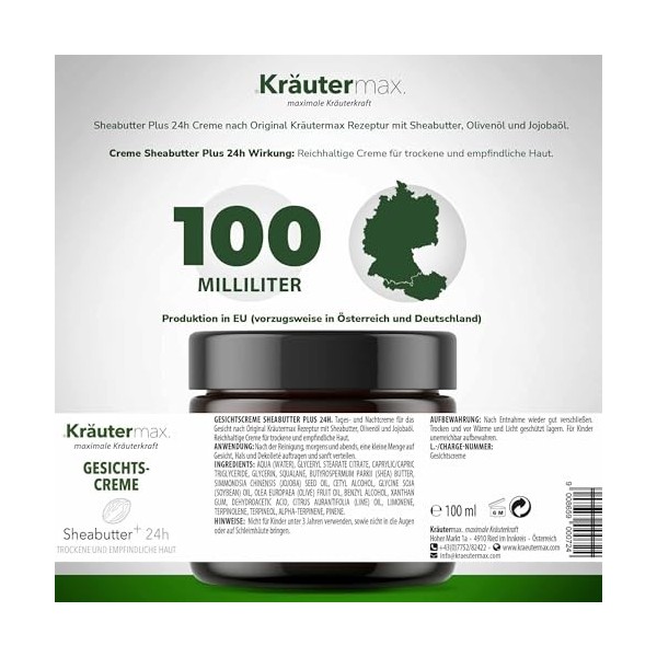 Crème pour le visage au beurre de karité Crème de soin pour le visage pour peau sèche 1 x 100 ml