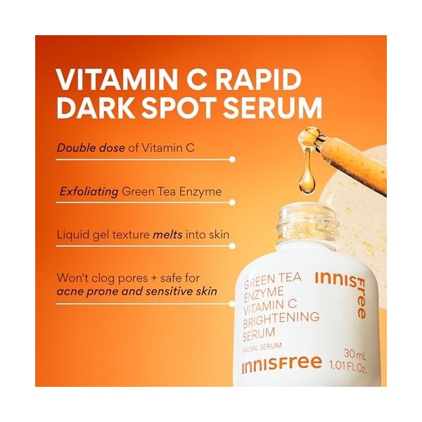 innisfree Green Tea Enzyme Vitamin C Serum for Dark Spot Fading, Korean Face Serum for Glow and Radiance 30 ml Crème Jour et ...