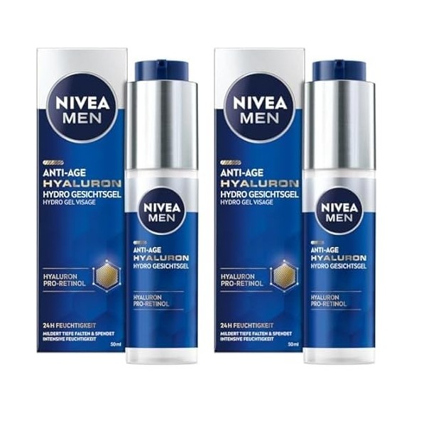 NIVEA MEN Gel anti-âge Hyaluron Hydro pour le visage rafraîchissant à lacide hyaluronique et au pro-rétinol, gel à absorptio