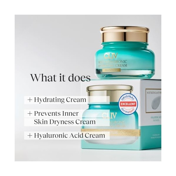 CLIV Crème Hydratante Multi-Acide Hyaluronique, Soin Visage Hydratant Et Nourrissant, Solution À 73% DAcide Hyaluronique, Po