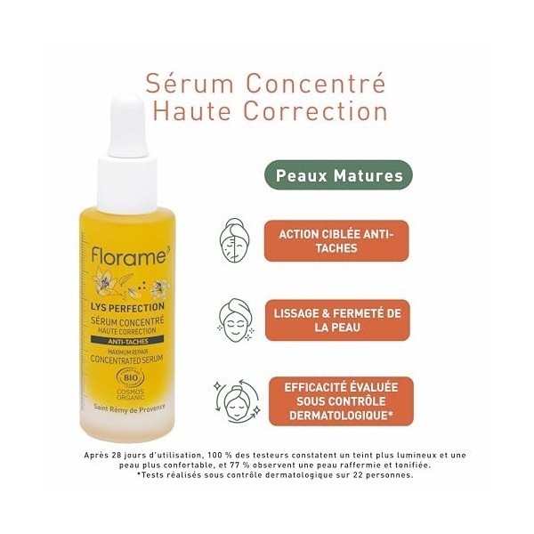 Florame Sérum Concentré Haute Correction Lys Perfection 30 ml – Action Anti-Taches & Éclat – Huiles Végétales Bio – soins vis