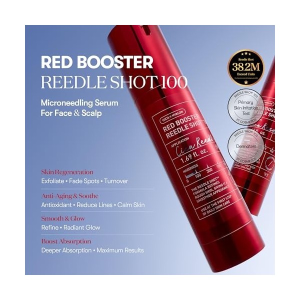 VT COSMETICS Sérum Red Booster Reedle Shot, 50ml, Soin Microneedling avec Sang de Dragon pour Peau Irritée et Stressée par le