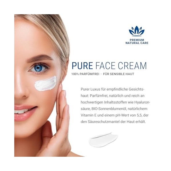 Pure Face Cream, soin naturel à lacide hyaluronique et à la vitamine E pour les peaux sensibles du visage 100 % sans parfum,