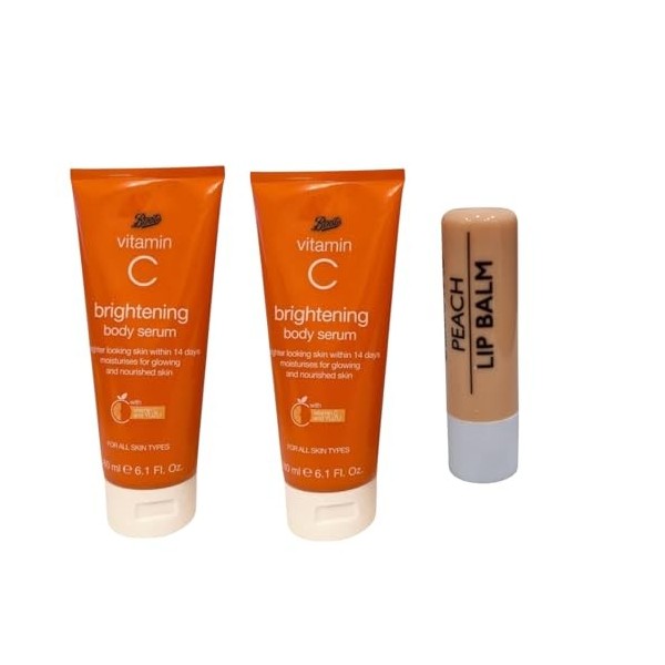 Boots Lot de 2 sérum corporel à la vitamine C pour tous les types de peau 180 ml avec baume à lèvres pêche gratuit