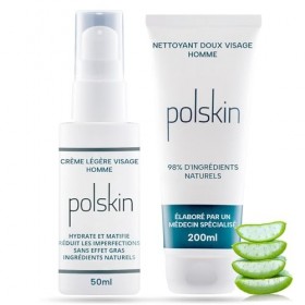 POLSKIN | Crème Légère Hydratante 50ml + Gel Nettoyant Anti-Imperfections 200ml pour Hommes | Soin Visage et Barbe Homme 