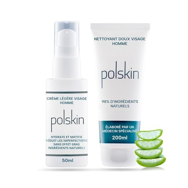 POLSKIN | Crème Légère Hydratante 50ml + Gel Nettoyant Anti-Imperfections 200ml pour Hommes | Soin Visage et Barbe Homme 