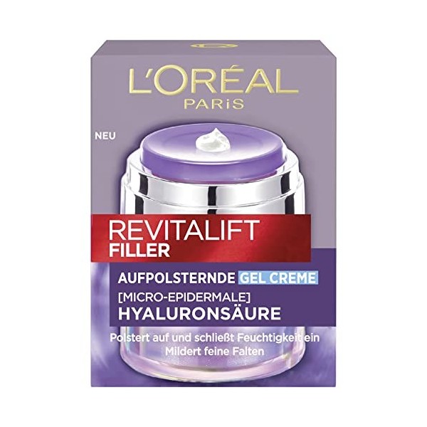 LOréal Paris Revitalift Filler Crème gel anti-âge hydratante anti-rides avec acide hyaluronique pur pour tous les types de p ...