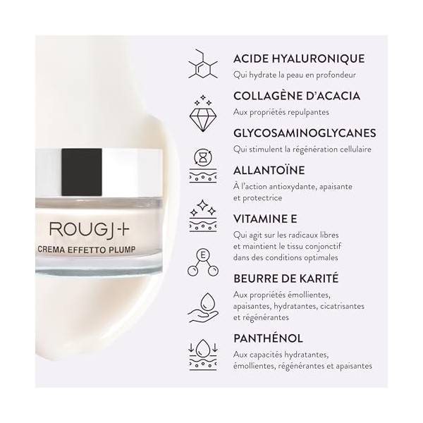 Rougj Creme hydratante visage 24h Effet Repulpant 50 ml, soin multi-action cou et décolleté, hydratant quotidien, soins visag...
