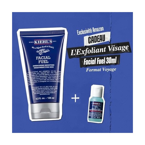 Kiehls, Duo Crème Hydratante Énergisante Facial Fuel 125ml + mini Nettoyant offert, Soin Visage Homme, Revitalise et Hydrate
