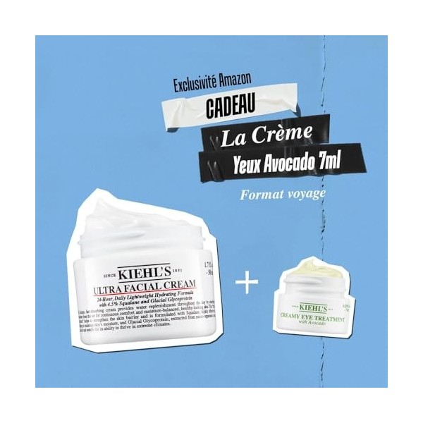 Kiehls. Duo Crème Ultra Facial 50 ml + Crème Creamy Eye Treatment à lAvocat 7 ml. Nourrissante & Légère. Avec Squalane & Gl