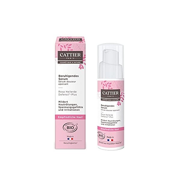 Cattier Sérum apaisant à largile rose pour peaux sensibles, cosmétique naturel, 30 ml