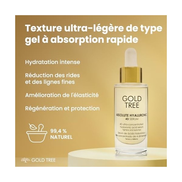GOLD TREE Serum à lAcide Hyaluronique 4D. Sérum Visage Pour Femmes 30 ml. Niacinamide Serum Faffermissant Pour Tous Types de ...