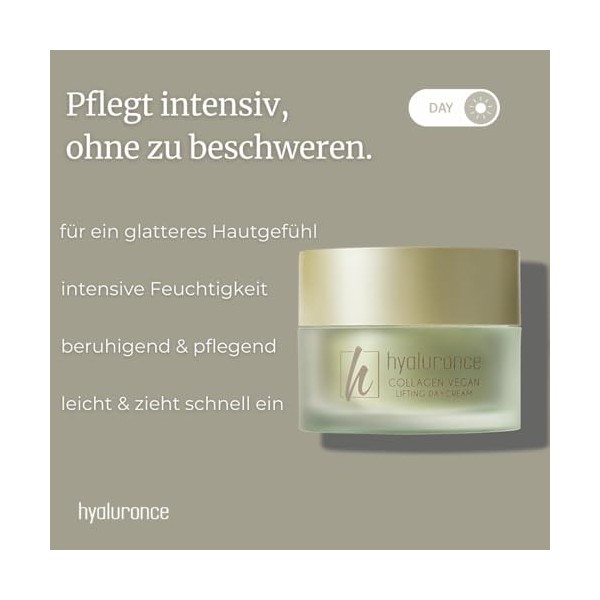hyaluronce Crème de jour au collagène végétalien - Crème de jour lifting pour le visage et le cou - Hydratante et lisse - Ave