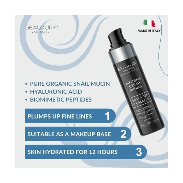 Beauxury Milano Crème Visage Anti-rides Bave descargot de 50 ml - Action Liftante et Hydratante avec Acide Hyaluronique - Sé