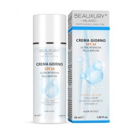 Beauxury Milano Crème de jour SPF 30, anti-âge et anti-rides à lacide hyaluronique, idéale pour les peaux matures, effet hyd