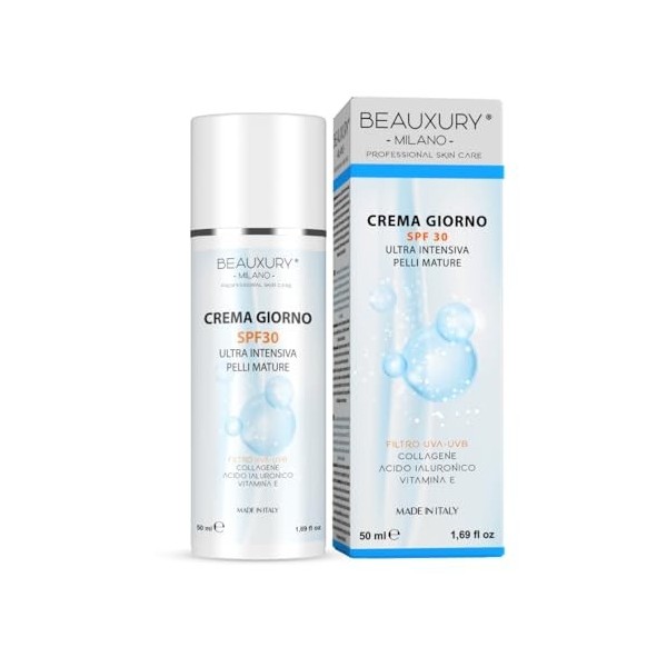 Beauxury Milano Crème de jour SPF 30, anti-âge et anti-rides à lacide hyaluronique, idéale pour les peaux matures, effet hyd