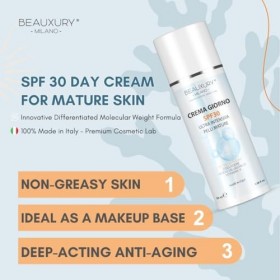 Beauxury Milano Crème de jour SPF 30, anti-âge et anti-rides à lacide hyaluronique, idéale pour les peaux matures, effet hyd