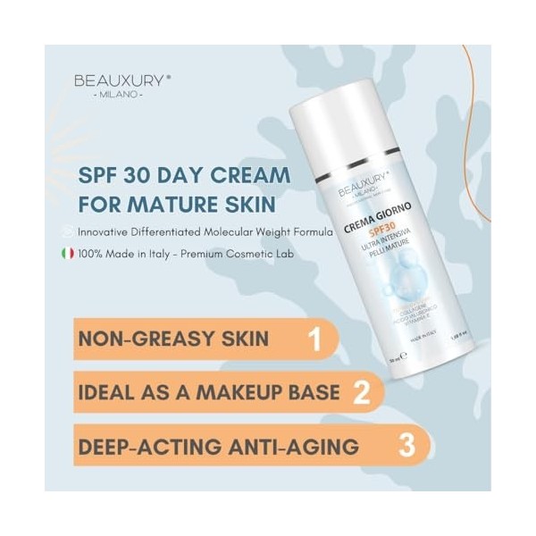 Beauxury Milano Crème de jour SPF 30, anti-âge et anti-rides à lacide hyaluronique, idéale pour les peaux matures, effet hyd