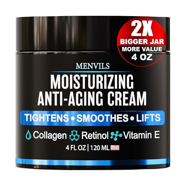 Crème hydratante pour le visage pour homme - Crème anti-âge pour homme avec collagène, rétinol, vitamines E, huile de jojoba 