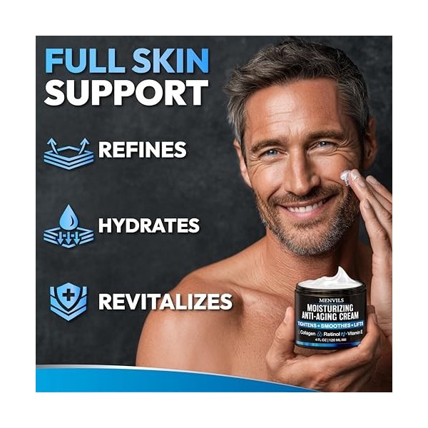 Crème hydratante pour le visage pour homme - Crème anti-âge pour homme avec collagène, rétinol, vitamines E, huile de jojoba 