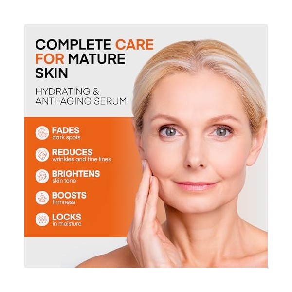 Super Vitamin C Serum for Women Over 70 : niacinamide, Vitamin C, Hyaluronic Acid, Peptides, Vitamin E, Caffeine, Baku0ol, Hy