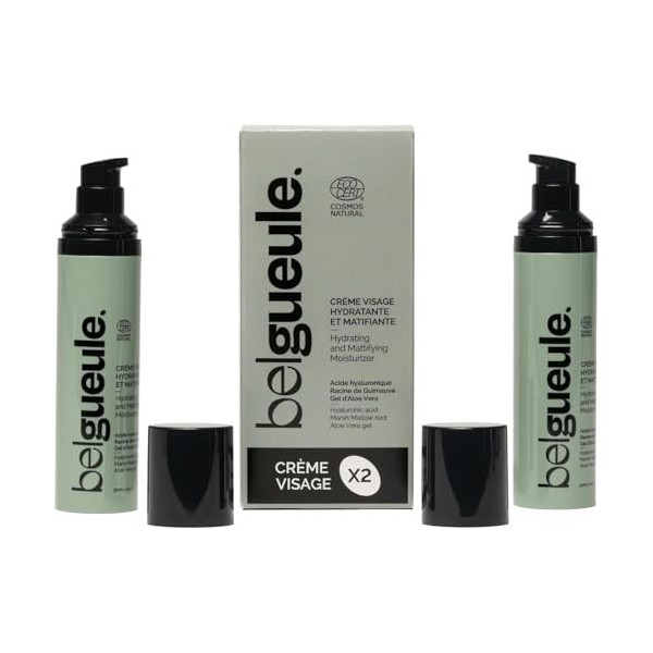 Belgueule crème visage hydratante et matifiante pour homme, Lot de 2, soin naturel visage et barbe, à l’acide hyaluronique, e