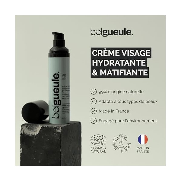 Belgueule crème visage hydratante et matifiante pour homme, Lot de 2, soin naturel visage et barbe, à l’acide hyaluronique, e