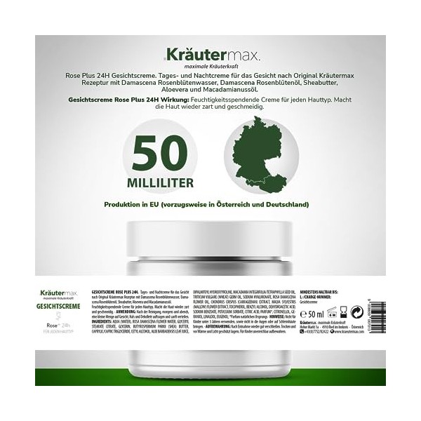 Crème pour le visage à la rose Crème pour le visage à leau de fleur de rose Damascena Cosmétiques naturels 1 x 50 ml