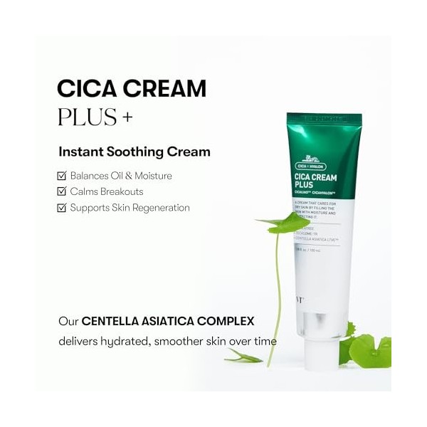 VT COSMETICS Cica Cream Plus, hydratant et apaisant pour le visage avec Centella Asiatica, crème apaisante légère pour lacné