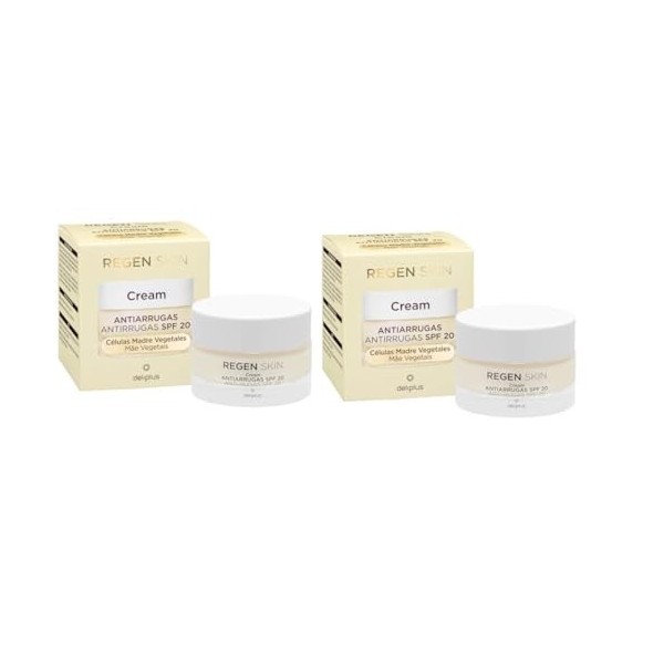 Pack 2 | Crème visage jour anti-rides Regen Skin Deliplus SPF 20 peau normale, sèche et très sèche | 2 pots de 50 ml