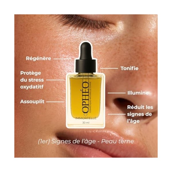 OPHÉO – Huile Visage Immortelle Régénérante - Soin Anti-Âge & Éclat - Immortelle Corse Bio - Sans Huile Essentielle - 30ml