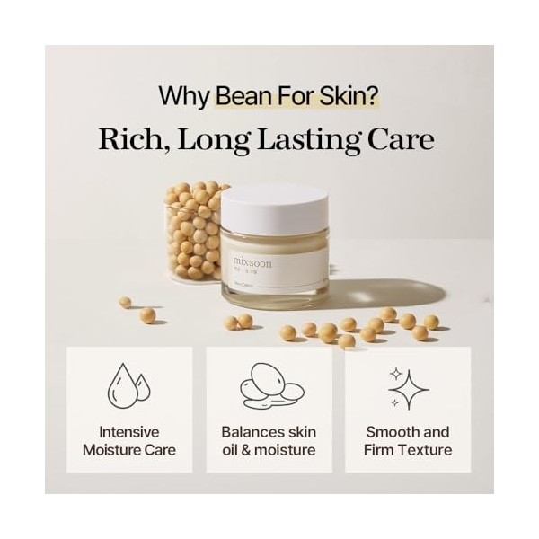 mixsoon Crème aux haricots, Vegansnail, Nourrissante, Hydratation apaisante longue durée, Contrôle des pores et du sébum, Soi...