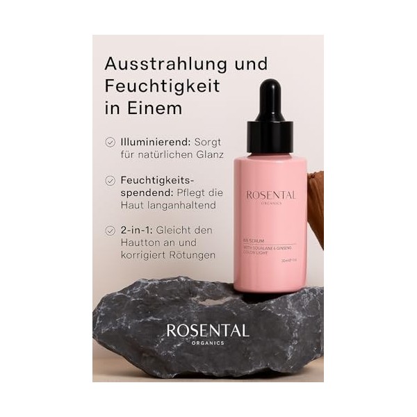ROSENTAL ORGANICS BB Sérum 2 en 1 pour maquillage et soin de la peau, aloe vera et ginseng, 30 ml, sérum teinté pour le visag