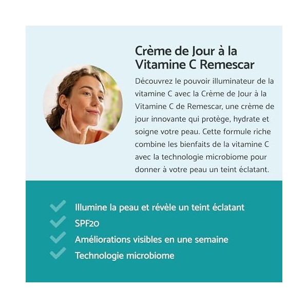 Remescar Crème de Jour Vitamine C SPF 20 50ml – Hydrate & Nourrit – Crème Anti-Rides Visage Femme & Homme – Protection Solair