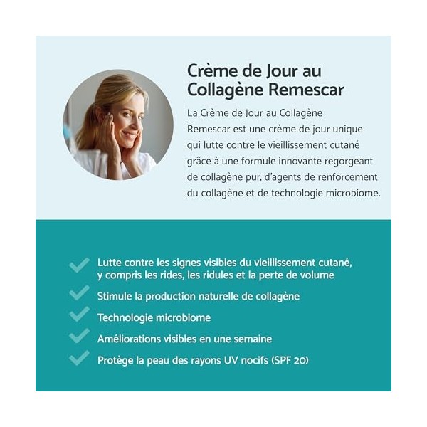 Remescar Crème de Jour Collagène SPF 20 50ml – Soin Anti-Âge Hydratant – Stimule la Production Naturelle de Collagène – Crème