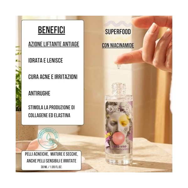 Digue® | Sérum anti-âge Bio et SuperFood pour le visage, avec rose de Damas, arginine, calendula, oligopeptides et extraits n