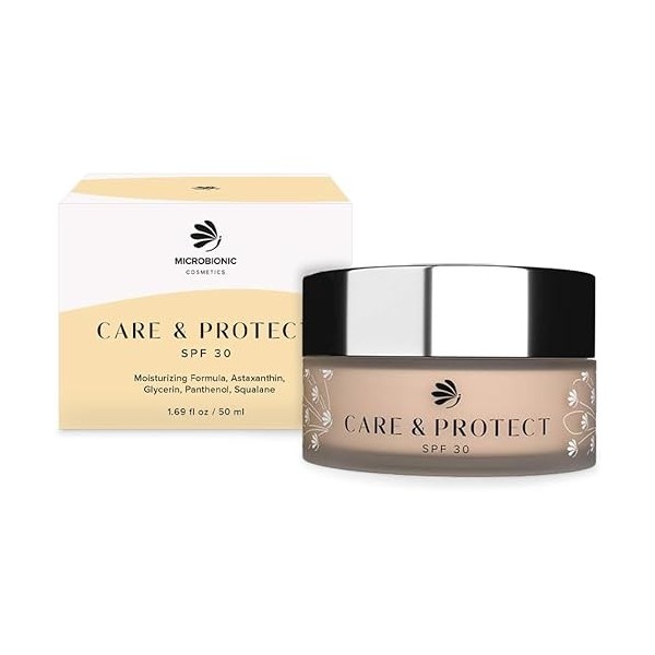 Care & Protect by MICROBIONIC Crème légère pour le visage avec 30 SPF, hydrate et protège contre les rayons UV, avec astaxant