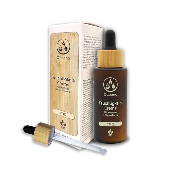 Olleeno BIO Crème hydratante pour le visage pour femme 50 ml avec acide hyaluronique, vitamine E + C, eau de rose et aloe ver